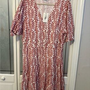 Red/Orange Leaf Pattern Short Sleeve Dress